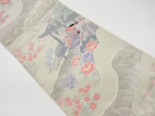 JAPANESE KIMONO / VINTAGE FUKURO OBI / PLATINUM FOIL / WOVEN FLOWER & MANSION